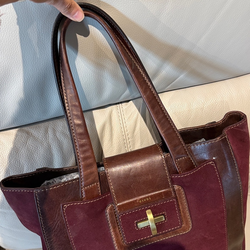 Giudi Burgundy Suede and Brown Tote Bag
